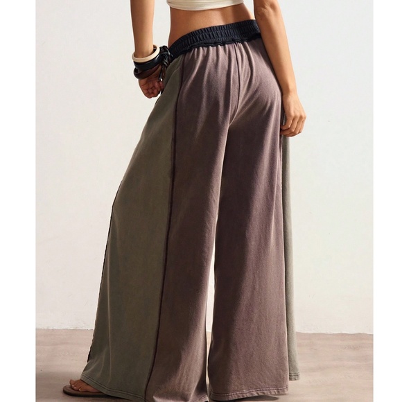 Solid Color Block Stretchy Waist Wide leg Lounge Pants - Picture 3 of 10